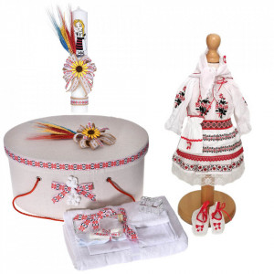 Set botez popular, costum rochita traditionala, trusou botez, cutie trusou si lumanare, decor rustic, Denikos® C9102