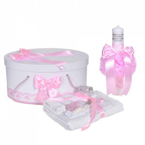 Set botez - trusou botez, lumanare cu mesaj si cutie trusou, decor elegant dantela Roz, Denikos® C1118