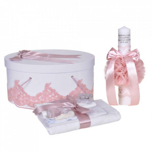 Set botez trusou, lumanare cu mesaj si cutie trusou decor dantela lata Roz pudrat, Denikos® C1128