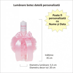 Set elegant trusou botez, cutie trusou si lumanare personalizata cu nume, decor dantela Roz, Denikos® 935