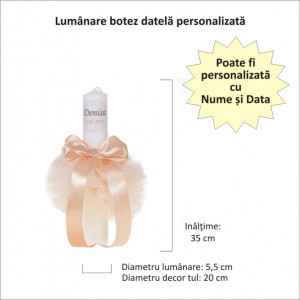 Set elegant trusou botez, cutie trusou si lumanare personalizata cu nume, decor dantela Crem, Denikos® 941