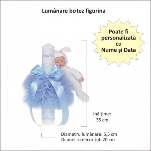 Set elegant trusou botez, cutie trusou si lumanare personalizata cu nume, decor dantela Bleu cu iepuras, Denikos® 949