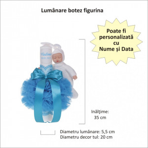 Set elegant trusou botez, cutie trusou si lumanare personalizata cu nume, decor dantela Turcoaz cu iepuras, Denikos® 951
