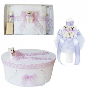 Set trusou botez, cutie trusou si lumanare, dantela si Ursuleti, decor Lila, Denikos® 557