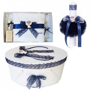 Set trusou botez, cutie trusou si lumanare, Ingeras, dantela bleumarin, Denikos® 473