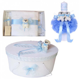 Set trusou botez, cutie trusou si lumanare, Ursulet, dantela bleu, Denikos® 468