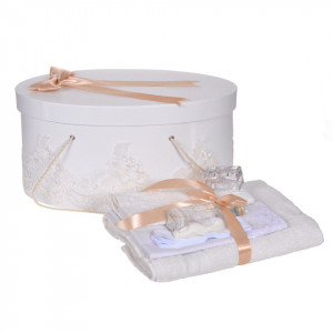 Set trusou botez si cutie trusou, dantela si fundita, decor elegant Crem / Ivoire, Denikos® 848
