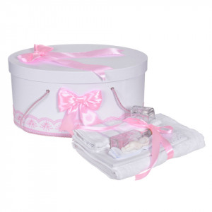 Set trusou botez si cutie trusou, dantela si fundite, decor Roz, Denikos® 838