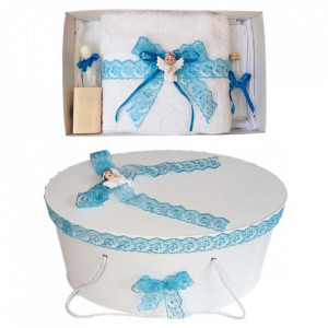 Set trusou botez si cutie trusou, Ingeras, dantela turcoaz, Denikos® 455