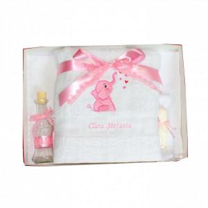 Trusou botez complet elefant roz personalizat cu numele copilului NKTB012-F