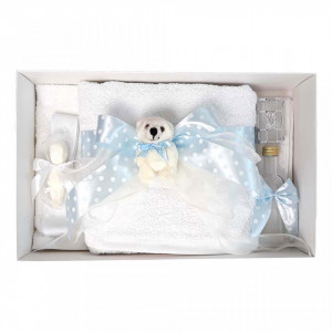 Trusou botez fundita bleu cu buline, cu ursulet, Denikos® 37