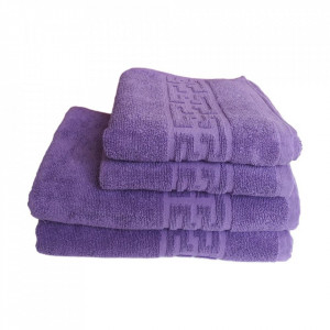 Set 4 prosoape groase si pufoase, bumbac, model grecesc, Mov/Lila, Denikos® 268