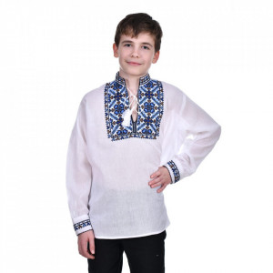 Ie traditionala baiat, alba, broderie albastra, 1 - 16 ani, DNK0149