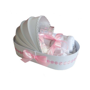Lumanare botez cu iepuras, personalizata si trusou botez in landou, decor Roz cu floricele, Denikos® 799