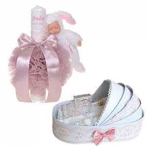 Lumanare botez cu iepuras, personalizata si trusou botez in landou, decor Roz pudra, Denikos® 802
