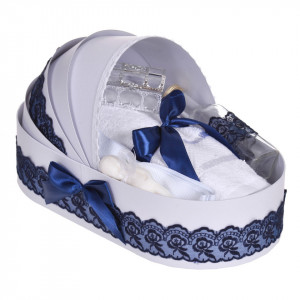 Lumanare botez cu iepuras, personalizata si trusou botez in landou, decor dantela Bleumarin, Denikos® 873