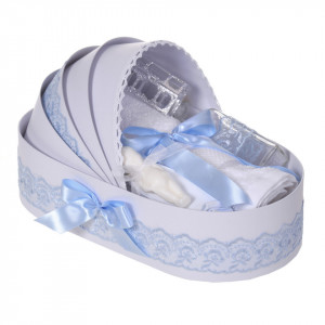 Lumanare botez cu iepuras, personalizata si trusou botez in landou, decor dantela Bleu, Denikos® 877