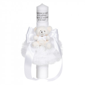 Lumanare botez cu mesaj decor alb, cu fundita, dantela si ursulet Denikos® C1048