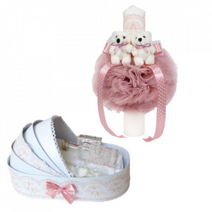 Lumanare botez glob cu ursuleti si trusou botez in landou, decor Roz pudra, Denikos® 592