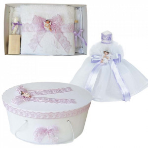 Set dantela trusou botez, cutie trusou si lumanare, Ingeras, decor Lila, Denikos® 569