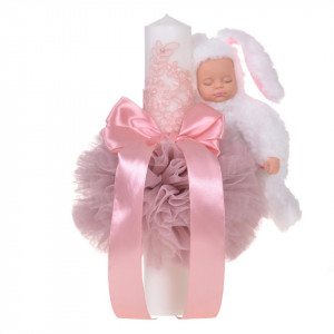 Set elegant trusou botez, cutie trusou si lumanare iepuras pufos, dantela si fundite, decor Roz pudra, Denikos® 929