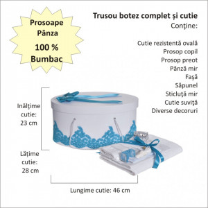 Set elegant trusou botez, cutie trusou si lumanare iepuras pufos, dantela si fundite, decor Turcoaz, Denikos® 933