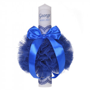 Set elegant trusou botez, cutie trusou si lumanare personalizata cu nume, decor dantela Albastra, Denikos® 939