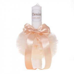 Set elegant trusou botez, cutie trusou si lumanare personalizata cu nume, decor dantela Crem, Denikos® 941