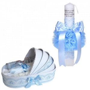 Set lumanare botez cu mesaj si trusou botez in landou, decor dantela bleu lata, Denikos® C1062