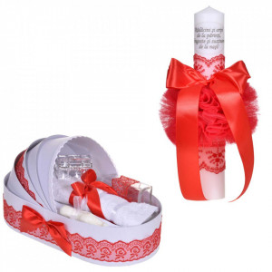 Set lumanare botez cu mesaj si trusou botez in landou, decor dantela rosie ingusta, Denikos® C1072
