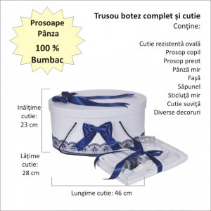 Set trusou botez, cutie trusou si lumanare iepuras pufos, dantela si fundite, decor Bleumarin, Denikos® 891