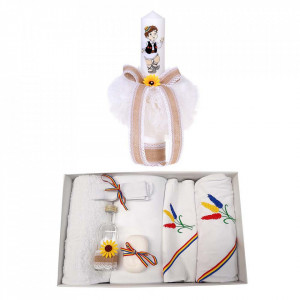 Trusou botez baietel, brodat si lumanare, decor tricolor, Denikos® 122