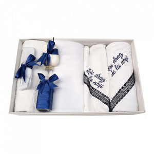 Trusou botez cu mesaj si lumanare eleganta glob cu dantela si iepuras pufos, decor bleumarin, Denikos® 759