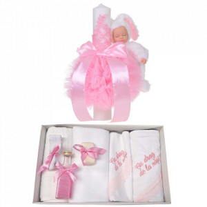 Trusou botez cu mesaj si lumanare eleganta glob cu dantela si iepuras pufos, decor roz, Denikos® 762