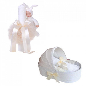 Trusou botez in landou si lumanare cu iepuras, decor ivoire Denikos® 174