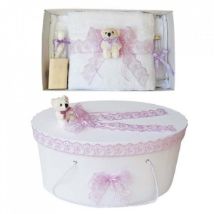 Set trusou botez si cutie trusou, Ursulet, dantela lila, Denikos® 462