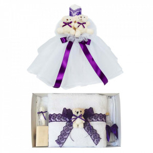 Lumanare botez tul si ursuleti si trusou botez dantela, decor Mov, Denikos® 619
