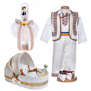 Set botez traditional baietel, trusou botez landou, lumanare si costum popular, Denikos® 1042