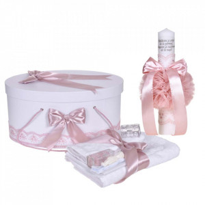 Set botez - trusou botez, lumanare cu mesaj si cutie trusou, decor elegant dantela Roz prafuit, Denikos® C1119
