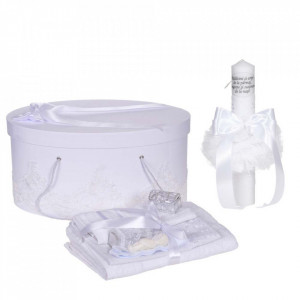Set botez trusou, lumanare cu mesaj si cutie trusou decor dantela lata Alba, Denikos® C1122