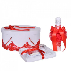Set botez trusou, lumanare cu mesaj si cutie trusou decor dantela lata Rosie, Denikos® C1129
