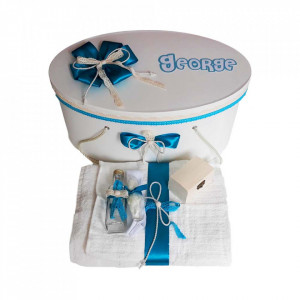 Set cutie trusou personalizata cu nume si trusou botez, decor turcoaz Denikos® 238