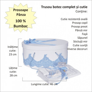 Set elegant trusou botez, cutie trusou si lumanare iepuras pufos, dantela si fundite, decor Bleu, Denikos® 931