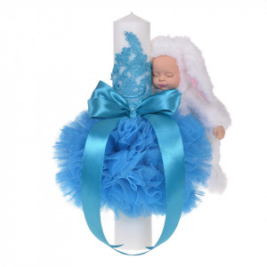 Set elegant trusou botez, cutie trusou si lumanare iepuras pufos, dantela si fundite, decor Turcoaz, Denikos® 933