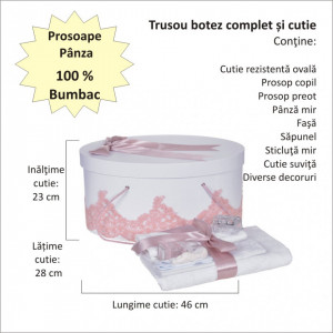 Set elegant trusou botez, cutie trusou si lumanare personalizata cu nume, decor dantela Roz pudra cu iepuras, Denikos® 947