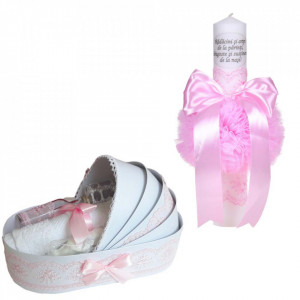 Set lumanare botez cu mesaj si trusou botez in landou, decor dantela roz lata, Denikos® C1069