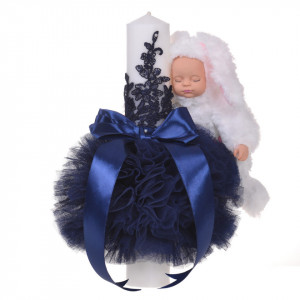Set trusou botez, cutie trusou si lumanare iepuras pufos, dantela si fundite, decor Bleumarin, Denikos® 891