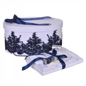 Set trusou botez si cutie trusou, dantela si fundita, decor elegant Bleumarin, Denikos® 850