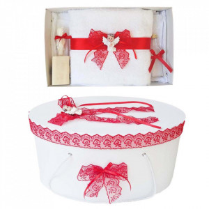 Set trusou botez si cutie trusou, Ingeras, dantela rosie, Denikos® 452