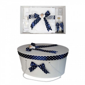 Set trusou botez si cutie trusou, Ingeras, fundita bleumarin cu buline, Denikos® 18
